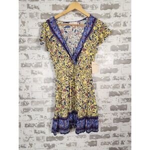 BEBOP Dress‎ Size Medium Floral Blue Yellow Flutter Sleeve Surplice Blouson